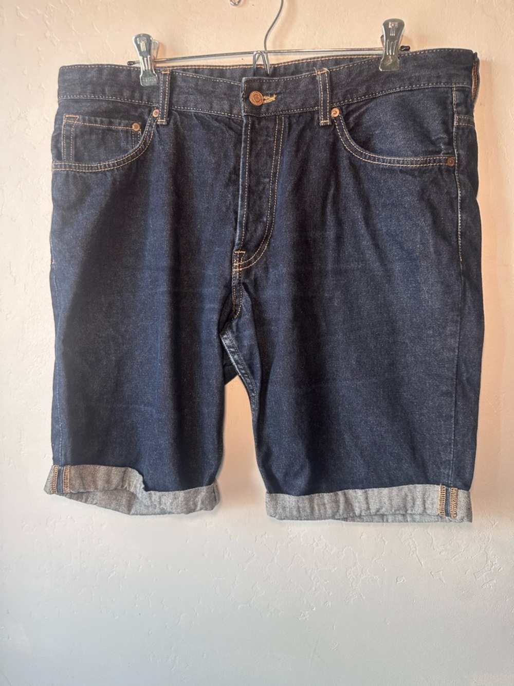 Slim Fit Denim Shorts Low Waist Mid Thigh Long Cuffed Hem Size 36